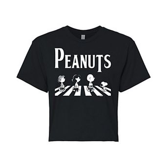 Juniors' Peanuts Charlie Brown & Snoopy Crossing Road Cropped Graphic Tee