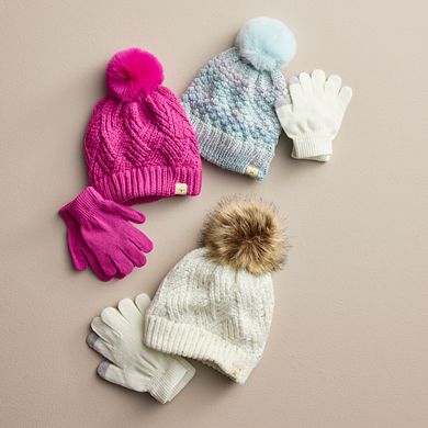 Girls SO® Faux Fur Pompom Beanie & Gloves Set