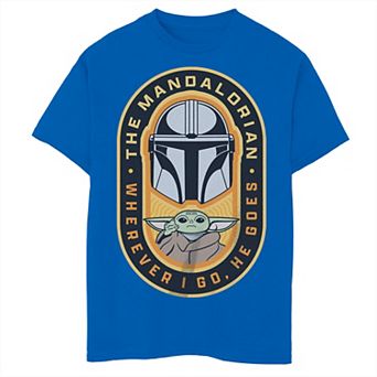 Boys 8-20 Star Wars The Mandalorian Whenever I Go He Goes Oval Din Djarin Grogu Graphic Tee