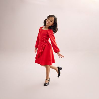 Girls 7-16 Three Pink Hearts Long Sleeve Wrap Dress