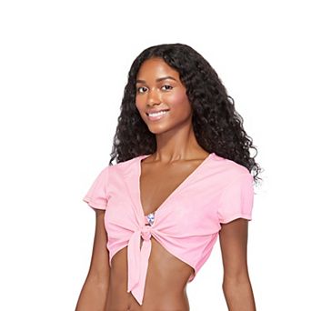 Women's Breaking Waves Tie-Front Crop Swim Cover-Up Shirt