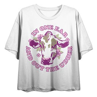 Juniors' In One Ear and Out the Udder Graphic Tee