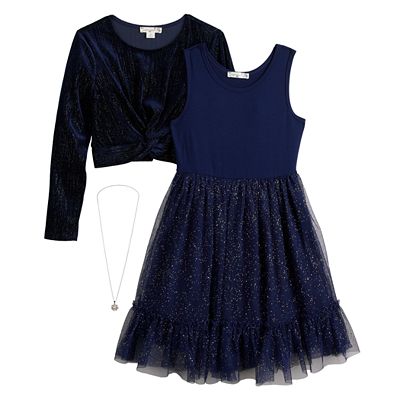 Girls 4-16 Knit Works Twist-Front Popover Sequin Dress & Necklace Set in  Regular &