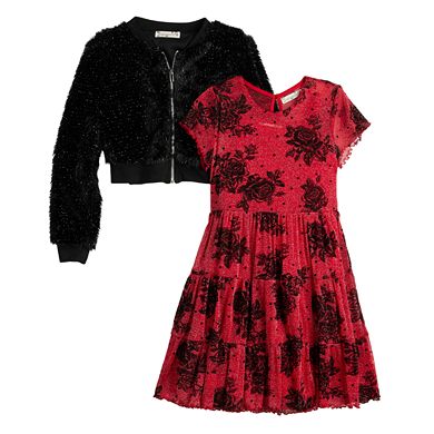 Girls 7-16 Knit Works Faux Fur Bomber Jacket & Printed Tiered Dress in Regular & Plus Size