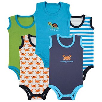 Luvable Friends Baby Boy Cotton Sleeveless Bodysuits 5 pk Crab, 3-6 Months