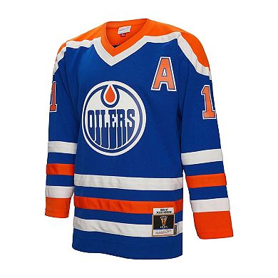 Men's Mitchell & Ness Mark Messier Royal Edmonton Oilers 1986/87 Alternate Captain Patch Blue Line Player Jersey