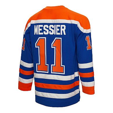 Men's Mitchell & Ness Mark Messier Royal Edmonton Oilers 1986/87 Alternate Captain Patch Blue Line Player Jersey