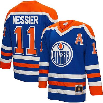 Men's Mitchell & Ness Mark Messier Royal Edmonton Oilers 1986/87 Alternate Captain Patch Blue Line Player Jersey