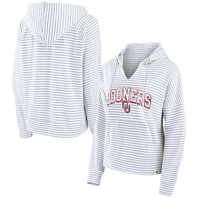 Women's Fanatics Branded  White Oklahoma Sooners Striped Notch Neck Pullover Hoodie