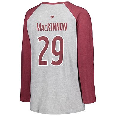 Women's Fanatics Branded Nathan MacKinnon Heather Gray/Heather Burgundy Colorado Avalanche Plus Size Name & Number Raglan Long Sleeve T-Shirt