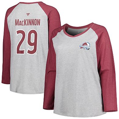 Women's Fanatics Branded Nathan MacKinnon Heather Gray/Heather Burgundy Colorado Avalanche Plus Size Name & Number Raglan Long Sleeve T-Shirt