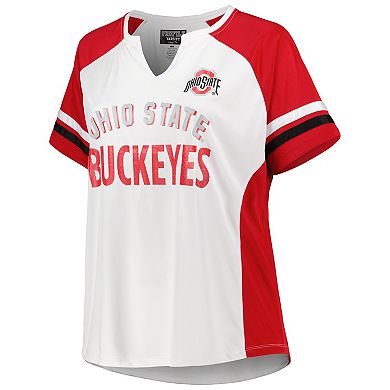 Women's White Ohio State Buckeyes Plus Size Stripe Raglan Notch Neck T-Shirt