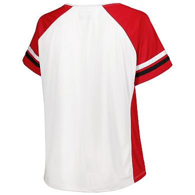 Women's White Ohio State Buckeyes Plus Size Stripe Raglan Notch Neck T-Shirt