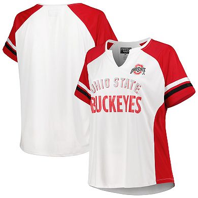 Women's White Ohio State Buckeyes Plus Size Stripe Raglan Notch Neck T-Shirt