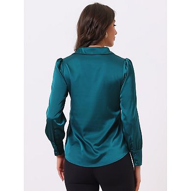 Women's Work Point Collar Long Sleeve Button Satin Shirt