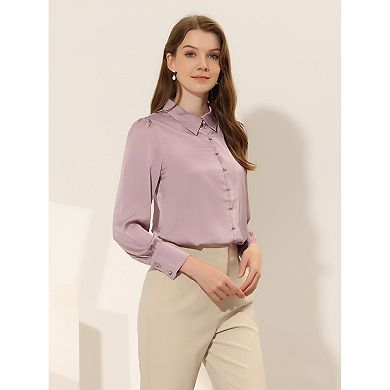 Women's Work Point Collar Long Sleeve Button Satin Shirt