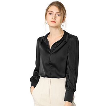 Women's Work Point Collar Long Sleeve Button Satin Shirt