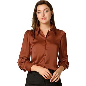 Women's Work Point Collar Long Sleeve Button Satin Shirt
