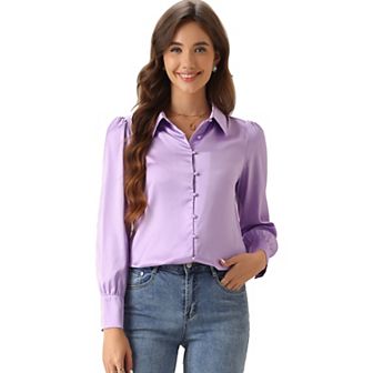 Women's Work Point Collar Long Sleeve Button Satin Shirt