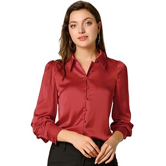 Women's Work Point Collar Long Sleeve Button Satin Shirt