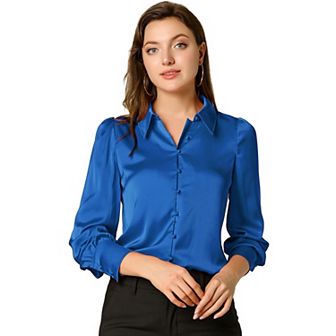 Women's Work Point Collar Long Sleeve Button Satin Shirt