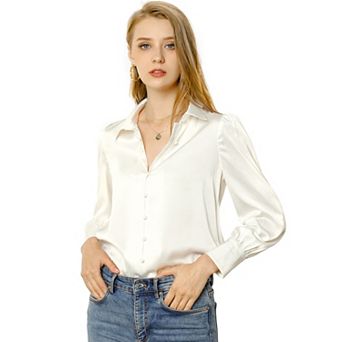 Women's Work Point Collar Long Sleeve Button Satin Shirt