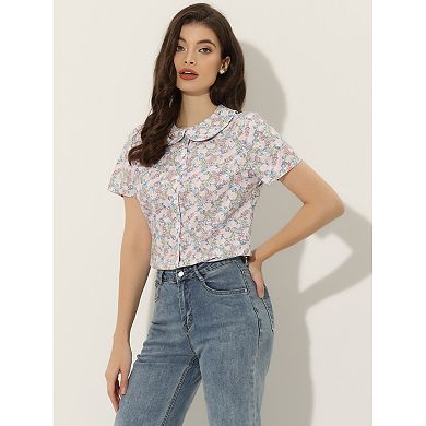 Women's Peter Pan Collar Button Front Floral Print Blouse Top