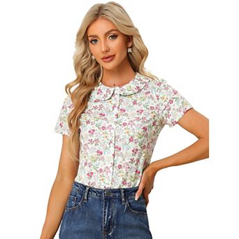 Women's Peter Pan Collar Button Front Floral Print Blouse Top
