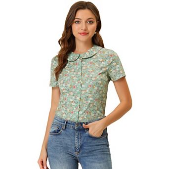 Women's Peter Pan Collar Button Front Floral Print Blouse Top