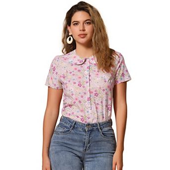 Women's Peter Pan Collar Button Front Floral Print Blouse Top