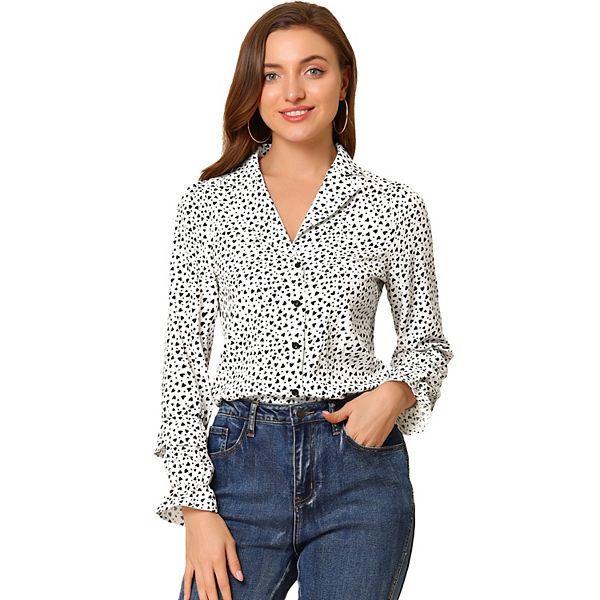 Women's Puff Long Sleeve Blouse Heart Polka Dots Button up Shirts