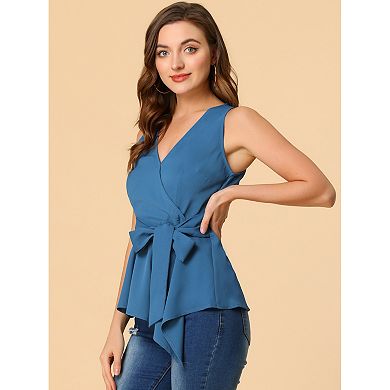 Women's Summer Sleeveless V Neckline Wrap Tie Waist Tops