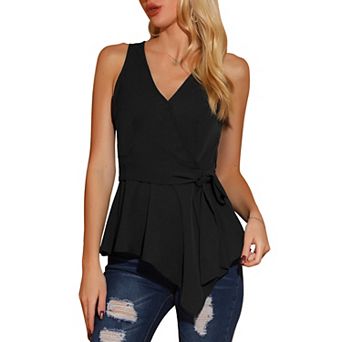 Women's Summer Sleeveless V Neckline Wrap Tie Waist Tops