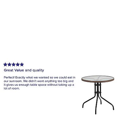 Emma and Oliver 28" Round Tempered Glass Metal Table with Rattan Edging