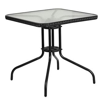 Emma and Oliver 28" Square Tempered Glass Metal Table with Rattan Edging