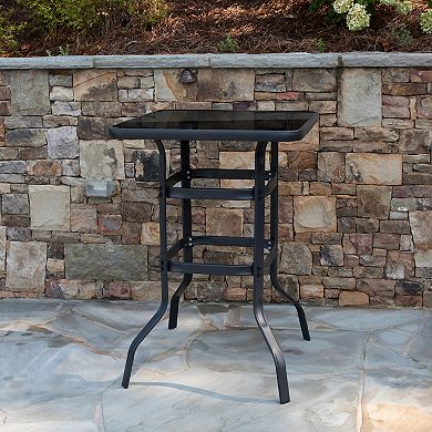 Emma and Oliver 27.5" Square Tempered Glass Bar Height Metal Patio Bar Table
