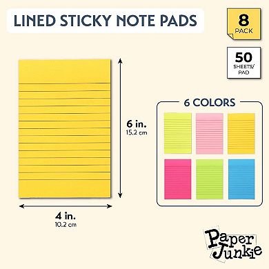 8-Pack Lined Sticky Notes in Bright Neon Colors, Self-stick Pad, 4" x 6"