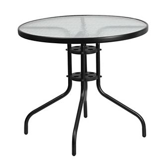Emma and Oliver 31.5" Round Tempered Glass Metal Table with Smooth Ripple Design Top