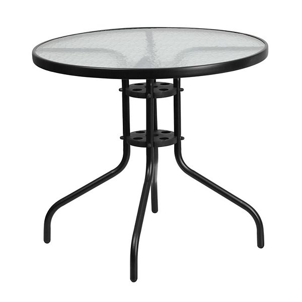 Emma and Oliver 31.5" Round Tempered Glass Metal Table with Smooth Ripple Design Top - Clearblack