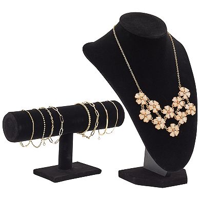 2-Piece Black Velvet Jewelry Display Set with T-Bar Stand and Mannequin Bust