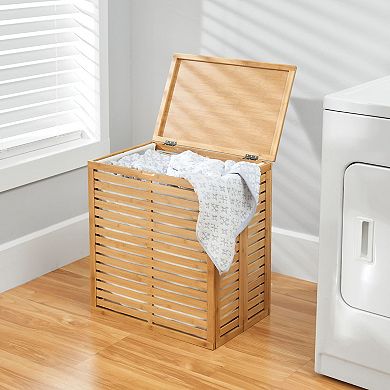 mDesign Bamboo Wood Foldable Laundry Basket Storage Organizer - Gray