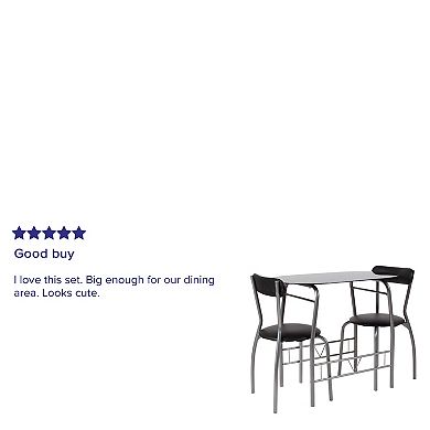 Emma and Oliver 3 Piece Space-Saver Glass Bistro Set with Vinyl Padded Chairs