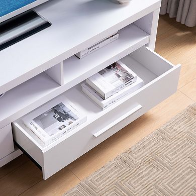 FC Design White TV Stand with 3 Open Shelves and 2 Drawers