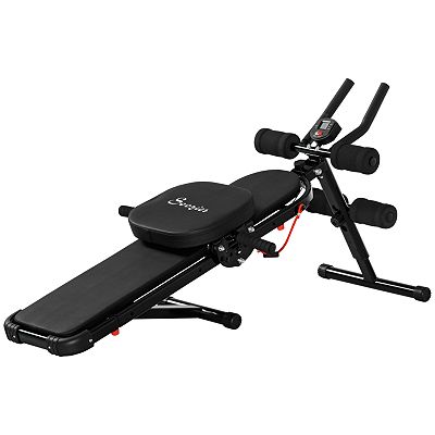 Soozier Multi Purpose Ab Workout Equipment Foldable Sit Up Bench Adjustable Weight Bench Full Body Strength Abdominal Exercise Machine Cruncher Home Gym Fitness with Resistance Bands LCD Display