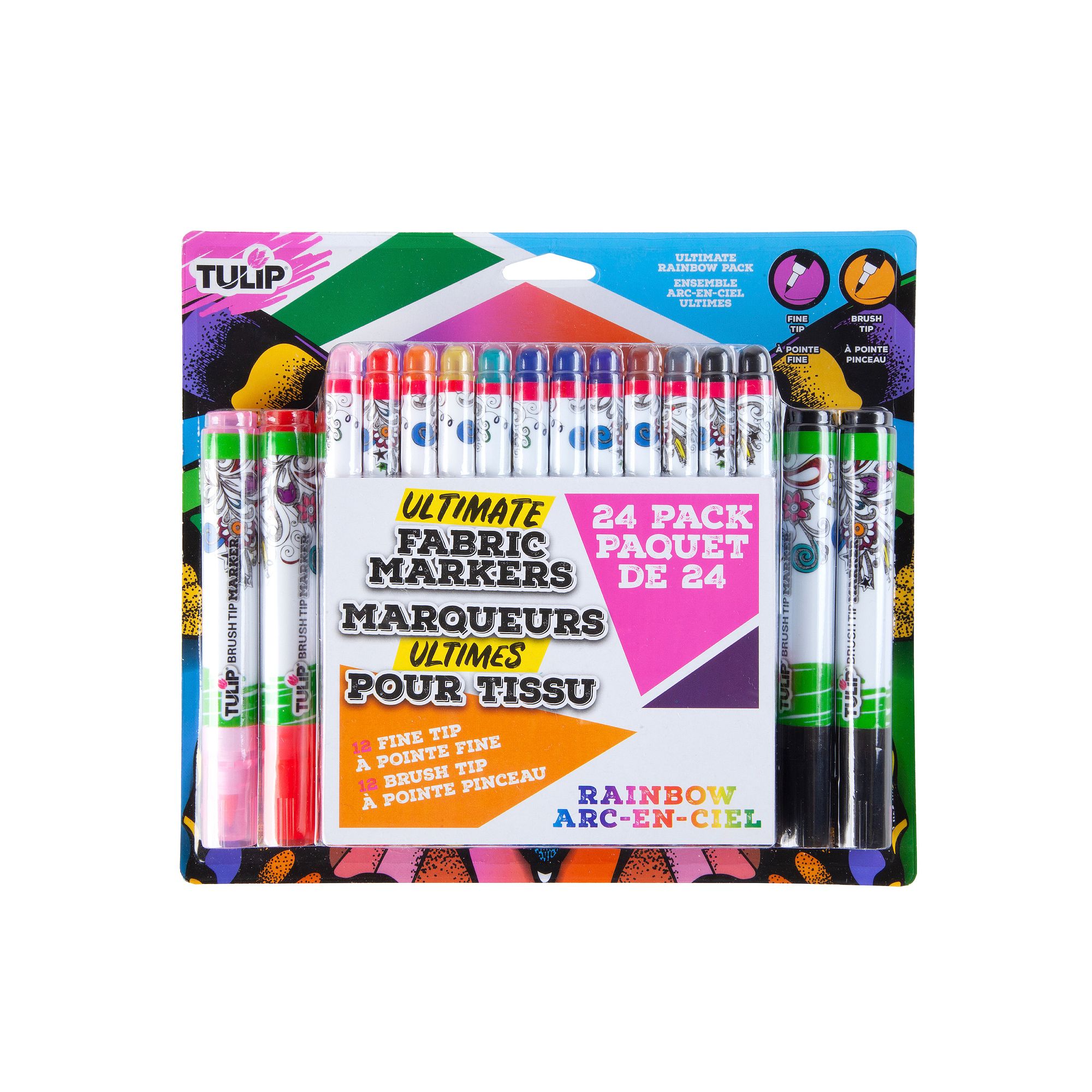 Tulip 24-Pack Ultimate Rainbow Fine Tip & Brush Tip Fabric Markers, Multi