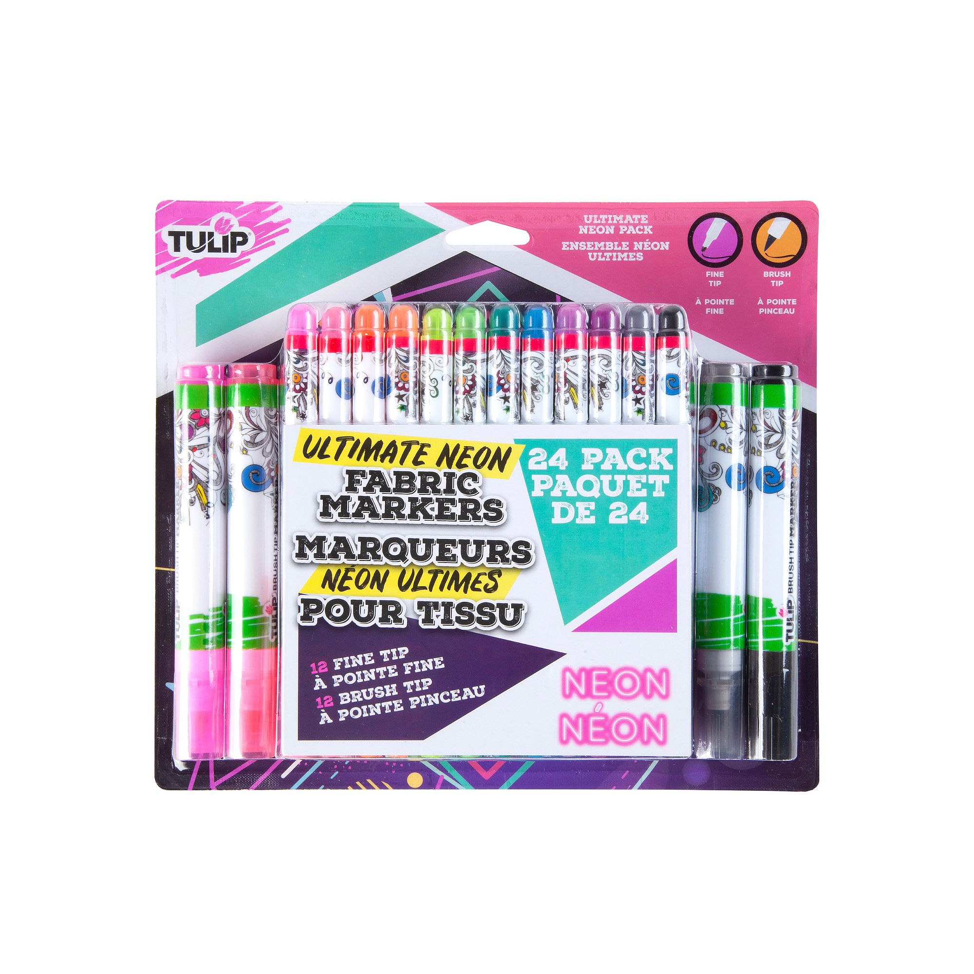 Tulip 24-Pack Fine Tip & Brush Tip Ultimate Neon Fabric Markers, Multi