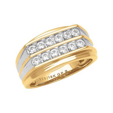 AXL 18k Gold-Over-Sterling Silver Lab Created White Sapphire Double Row Men's Wedding Band