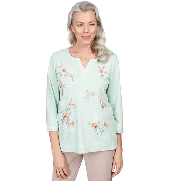 Petite Alfred Dunner Floral Hummingbird Embroidery Split Neck Top