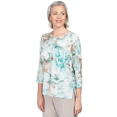 Petite Alfred Dunner Lace Neck Textured Floral Split Hem Top