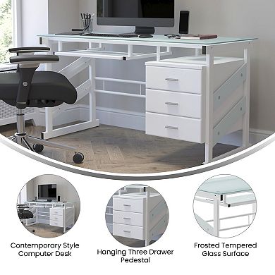 Emma and Oliver White Computer Desk with Frosted Glass Top and Three Drawer Pedestal